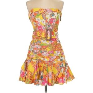 HEMANT & NANDITA Yellow and Pink Ruffled Bustier Mini Dress